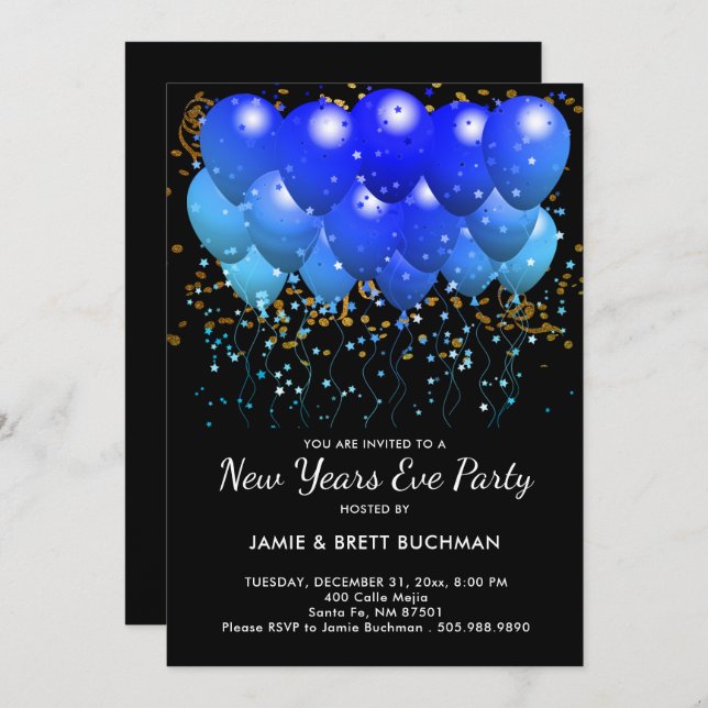 Convite Balões Azuis Neon E Confetti Dourado A Preto (Frente/Verso)