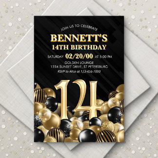 Convite Balões Black Dourado 14 Birday