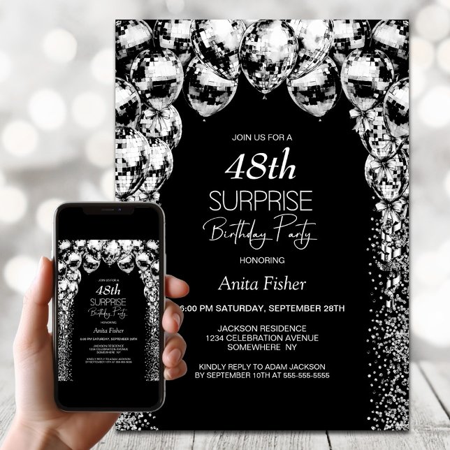 Convite Balões Brancos Pretos Qualquer Surpresa Idade Aniv (Criador carregado)