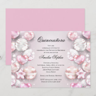Convite Balões Brancos Rosa Quinceañera