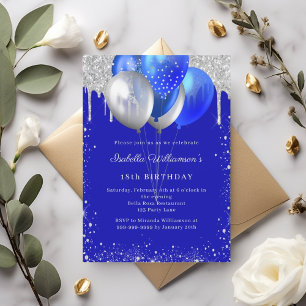 Convite Balões brilhantes de prata azul real aniversário