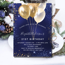 Convite Balões brilhantes dourados azul marinho aniversári