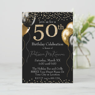 Convite Balões Brilhantes Preto e Dourado Aniversário de 5