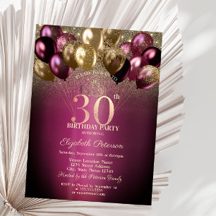 Convite Balões Burgundy com Brilho Aniversário de 30 anos
