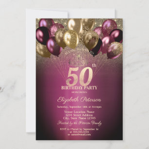 Convite Balões Burgundy com Brilho Aniversário de 50 Anos