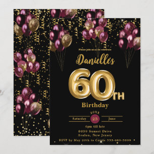 Convite Balões Burgundy e Dourado Confetes 60º Aniversário
