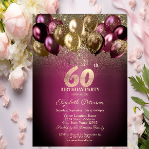 Convite Balões Burgundy Glitter Aniversário de 60 anos