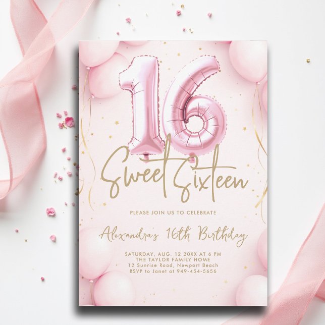 Convite Balões Caligrafia Rosa Elegante Sweet 16 (sweet sixteen invitation 16th birthday party pink balloons calligraphy glam feminine girly)