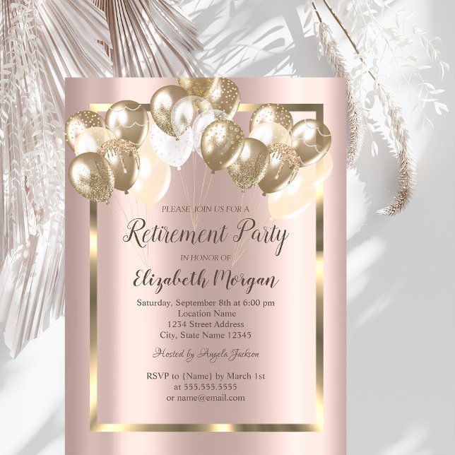 Convite Balões Chic,Quadro,Rosa Dourado,Aposentação (Criador carregado)