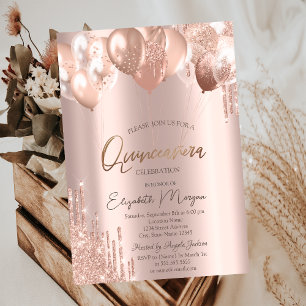 Convite Baloes ChicRose Dourado Brilho Gotas Quinceañera