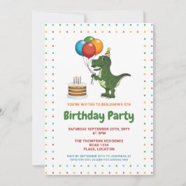 Convite Balões Coloridos de Aniversário de Tiranossauro Re