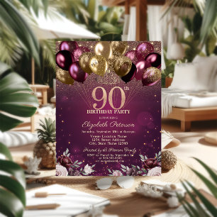 Convite Balões com Brilho Borgonha Flores 90º Aniversário