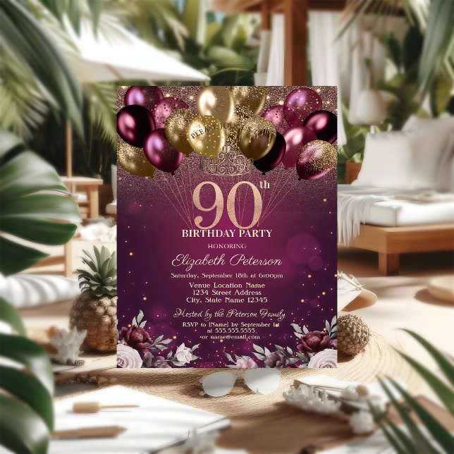 Convite Balões com Brilho Borgonha Flores 90º Aniversário (Criador carregado)