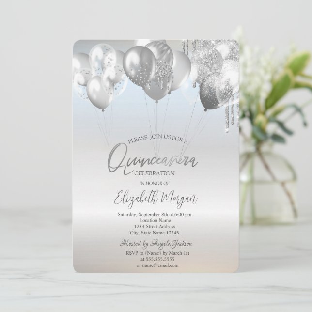 Convite Balões com Efeito de Glitter e Gotas Prateados par (Em pé/Frente)