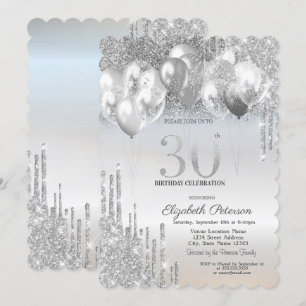 Convite Balões com Efeito de Glitter Prateado Elegante par