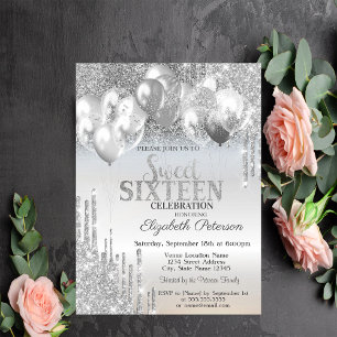 Convite Balões com Gotejamento de Brilho Prateado Elegante