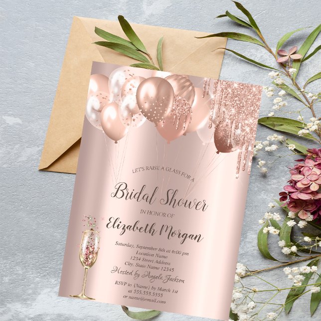 Convite Balões com Gotejamento de Glitter Dourado Rosa Chá (Criador carregado)