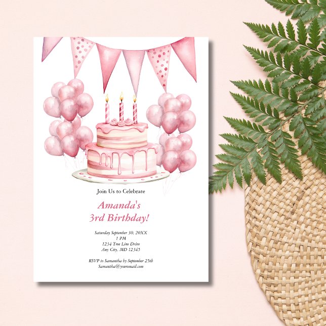 Convite Balões cor-de-rosa Banner Bake Banner Girl 3rd Bir (Pink Birthday Cake Balloons Banner 3rd Birthday party invitation. Printed or digital download)