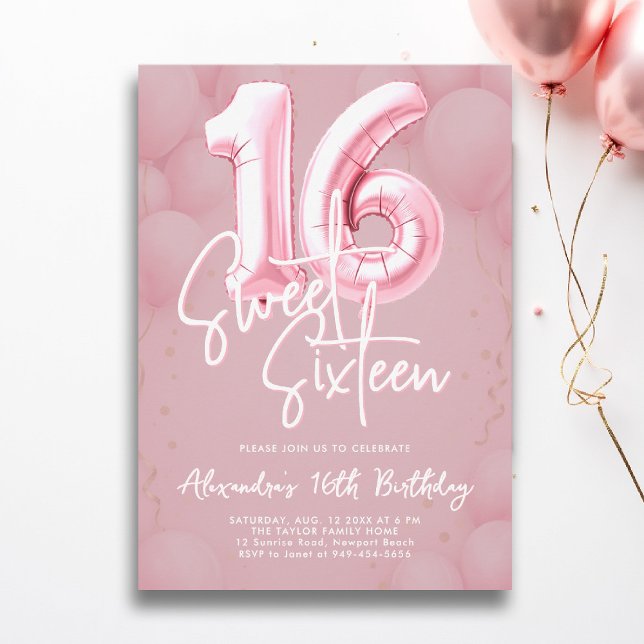 Convite Balões cor-de-rosa Blush Moderna Caligrafia Sweet  (sweet sixteen invitation 16th birthday party pink blush balloons calligraphy milestone glam feminine)