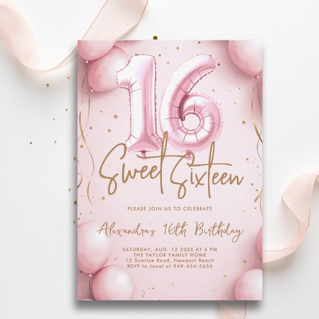 Convite Balões cor-de-rosa Caligrafia Dourada elegante Swe (sweet sixteen invitation 16th birthday party pink gold balloons calligraphy glam feminine)