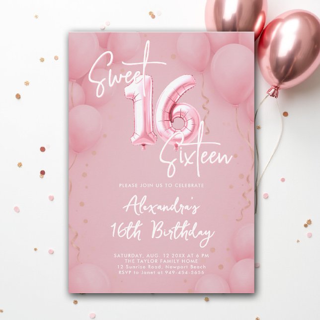 Convite Balões cor-de-rosa caligrafia elegante Moderno Swe (sweet sixteen invitation 16th birthday party pink balloons calligraphy milestone glam feminine)
