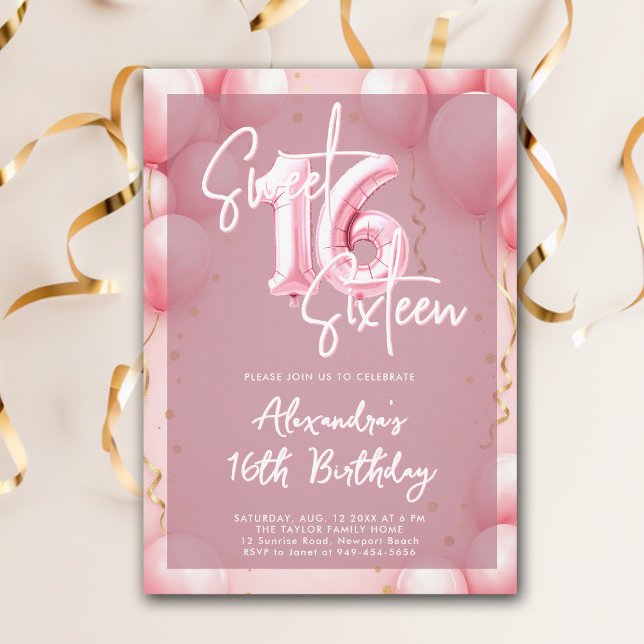 Convite Balões cor-de-rosa Caligrafia moderna elegante Swe (sweet sixteen invitation birthday party pink balloons modern calligraphy milestone glam feminine)