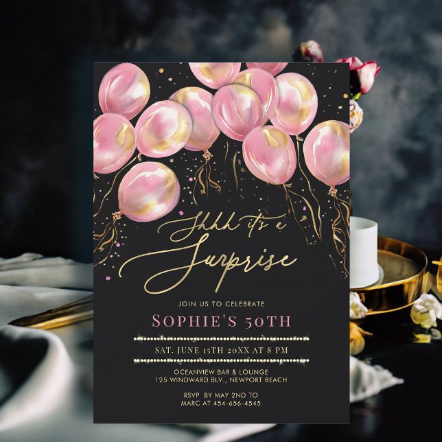 Convite Balões cor-de-rosa Dourados negro 50º aniversário (50th birthday invitations for women surprise party balloons arch pink gold black calligraphy modern )