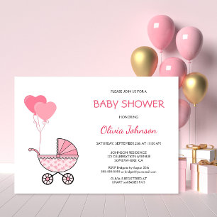 Convite Balões cor-de-rosa e Chá de fraldas do carrinho
