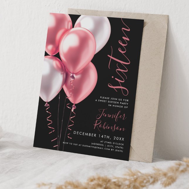Convite Balões cor-de-rosa esbranquiçados mínimos Doce 16  (Minimal Blush Pink Balloons Sweet 16 Birthday Black Invitation)