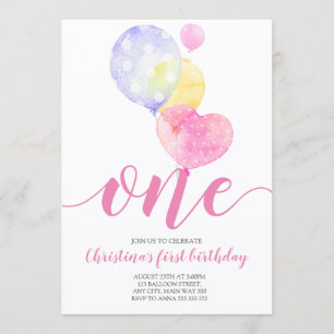 Convite Balões cor-de-rosa Garota Primeiro Aniversário U