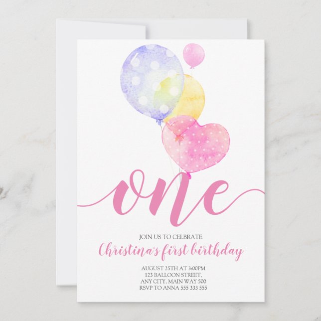 Convite Balões cor-de-rosa Garota Primeiro Aniversário Um  (Frente)