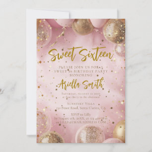 Convite Balões cor-de-rosa sweet 16 confetes dourados