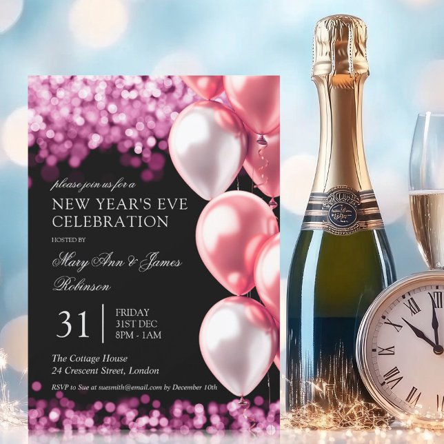 Convite Balões das Luzes do Shimmer Dourado véspera de ano (New Years Eve Rose Gold Shimmer Lights Balloons Invitation)