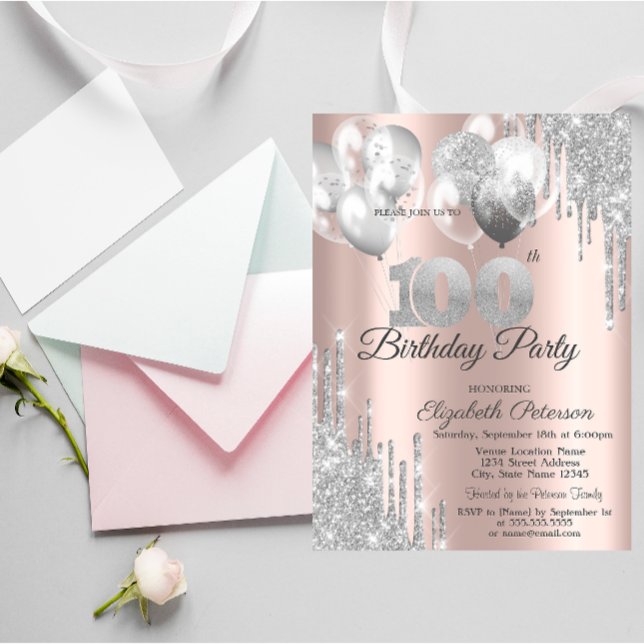 Convite Balões de 100ª Festa de aniversário de Glitter de  (Criador carregado)