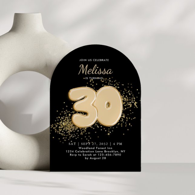 Convite Balões de 30 preto e Dourado Arco de Aniversário p (Criador carregado)