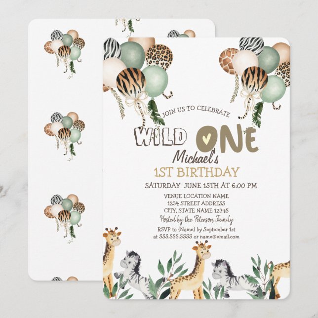 Convite Balões de Animais da Selva 1º Aniversário (Frente/Verso)