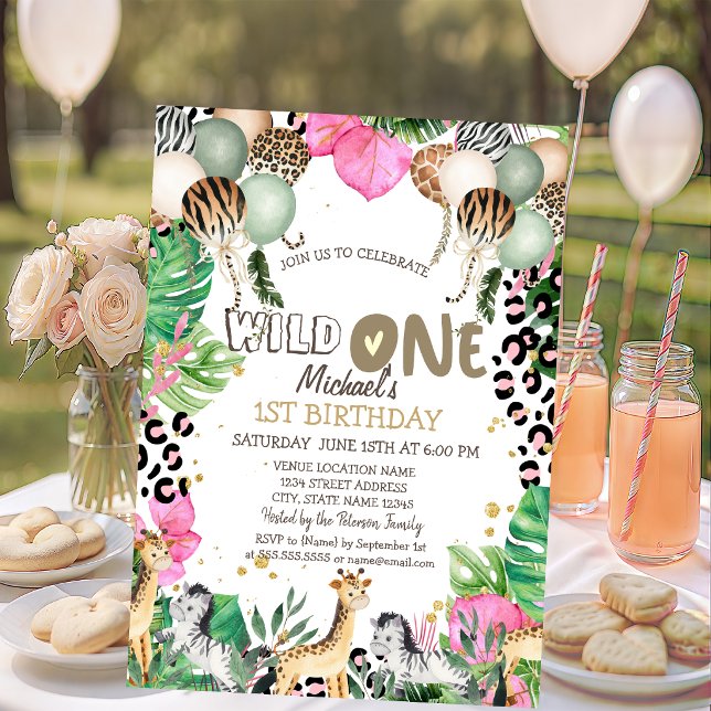 Convite Balões de Animais da Selva para 1º Aniversário (Criador carregado)