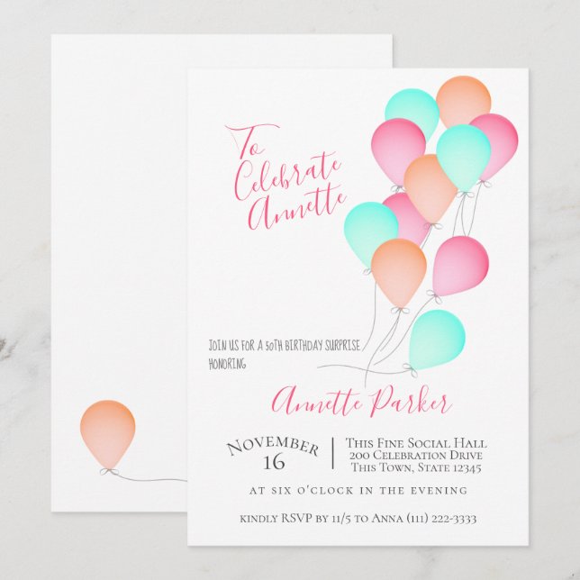 Convite Balões de Aniversário 50ª Festa de aniversário (Frente/Verso)
