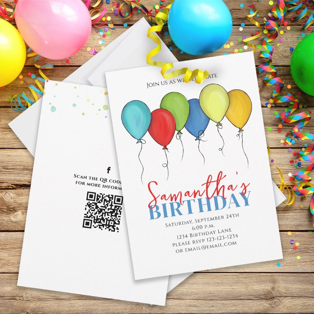 Convite Balões de Aniversário Confetti Código QR Mídia Soc (Criador carregado)
