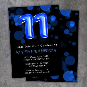 Convite Balões de Aniversário de 11 anos Crianças Azul Men