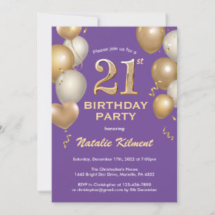 Convite Balões de aniversário de 21 anos púrpura e Dourada
