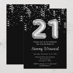 Convite Balões de aniversário de 21 anos Silver com Confet