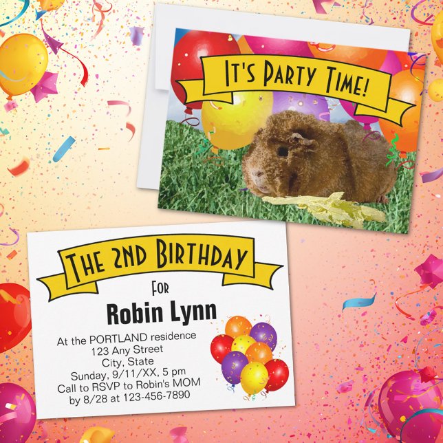 Convite Balões de Aniversário de 2 Anos do Porquinho da Ín (Guinea pig birthday party invitation template.)