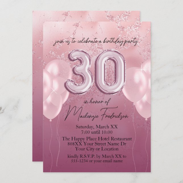 Convite Balões de Aniversário de 30 anos em Mármore de Bri (Frente/Verso)