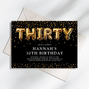 Convite Balões de Aniversário de 30 anos Preto e Dourado