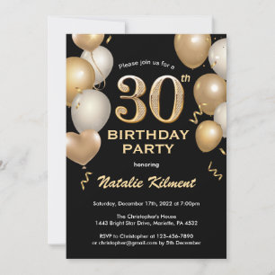 Convite Balões de aniversário de 30 anos preto e Dourado b