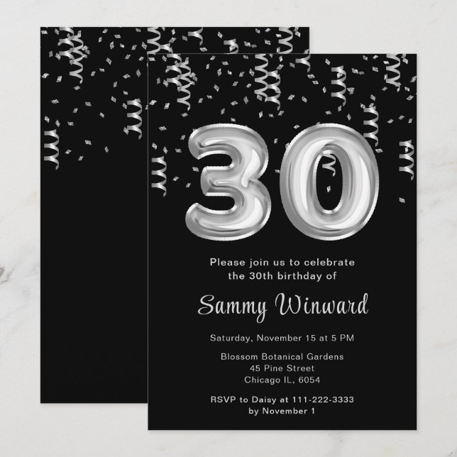Convite Balões de aniversário de 30 anos Silver com Confet (Frente/Verso)