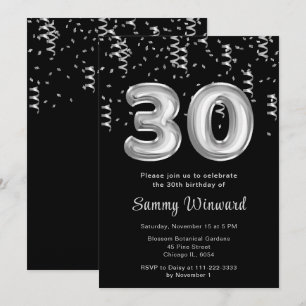 Convite Balões de aniversário de 30 anos Silver com Confet