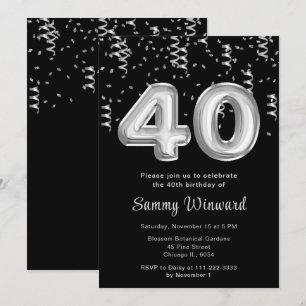 Convite Balões de aniversário de 40 anos Silver com Confet