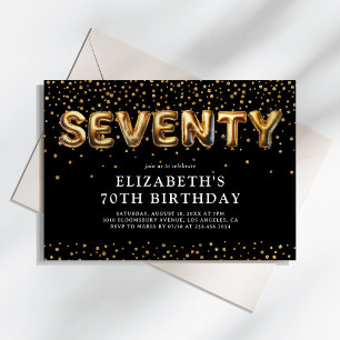 Convite Balões de Aniversário de 70 Anos Preto e Dourado
